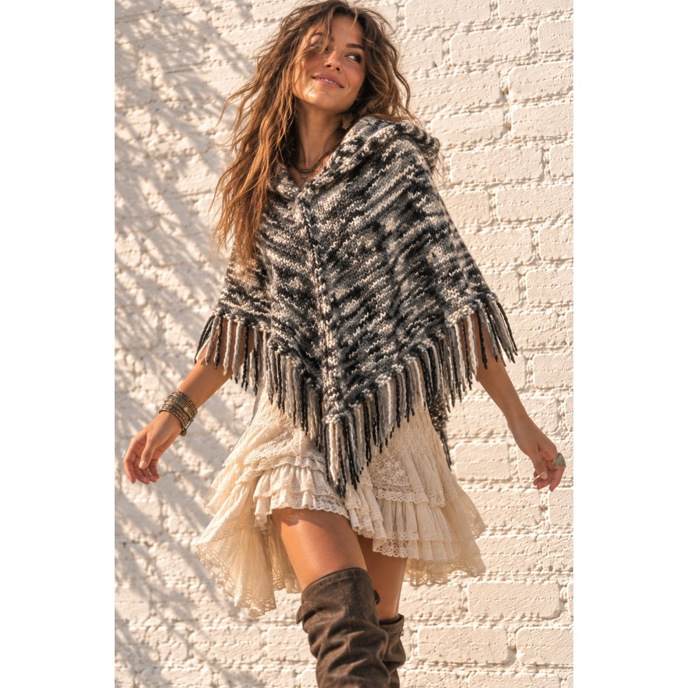 Vintage Handmade Gray Black White Knit Hooded Poncho Fringe Boho One Size